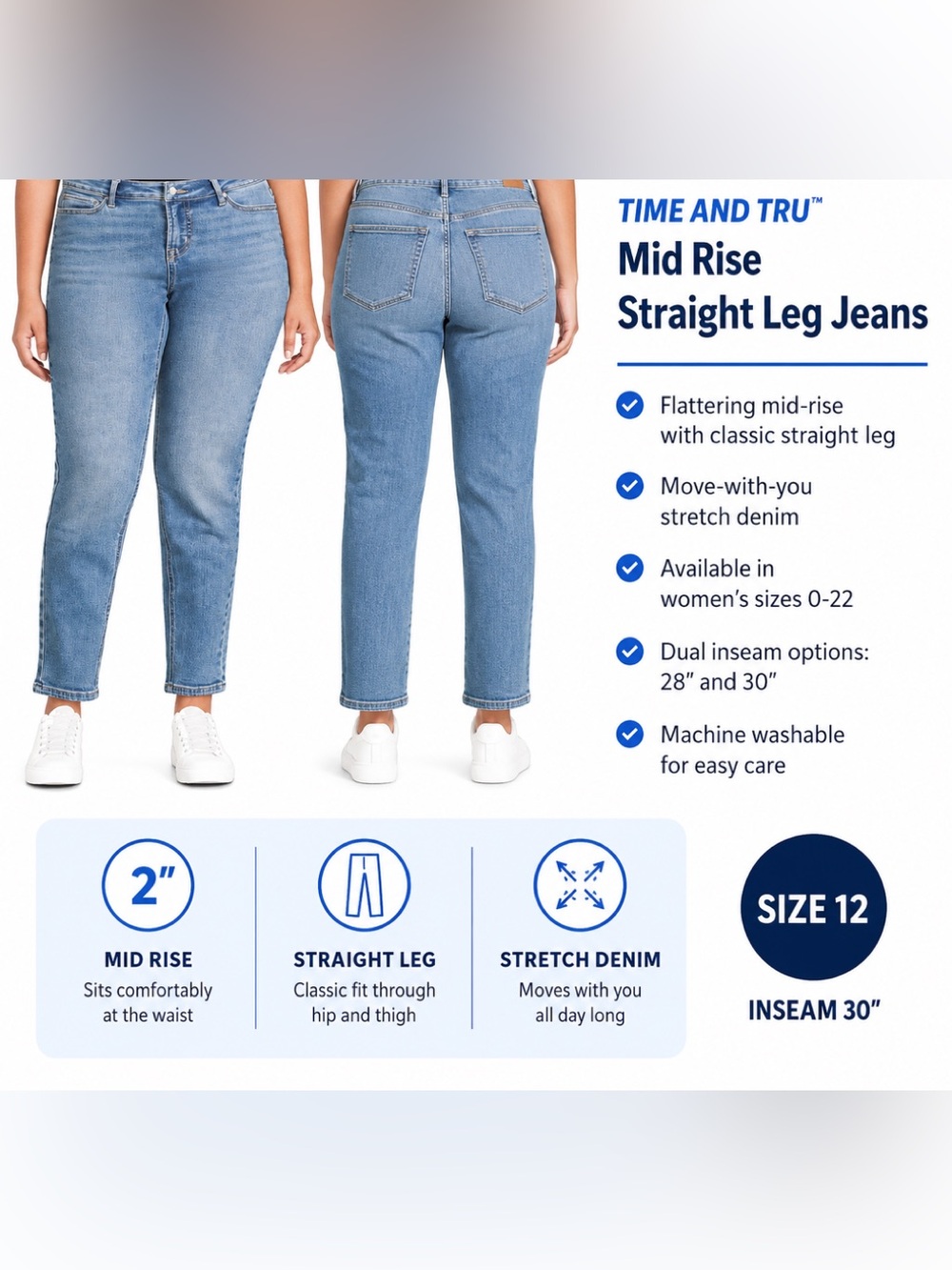 NWT Time and Tru Straight Leg Mid-Rise Jeans in Light Wash